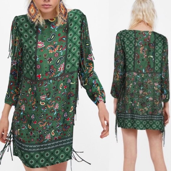 ZARA Green Paisley Fringe Tunic Dress Size Small - Picture 1 of 6